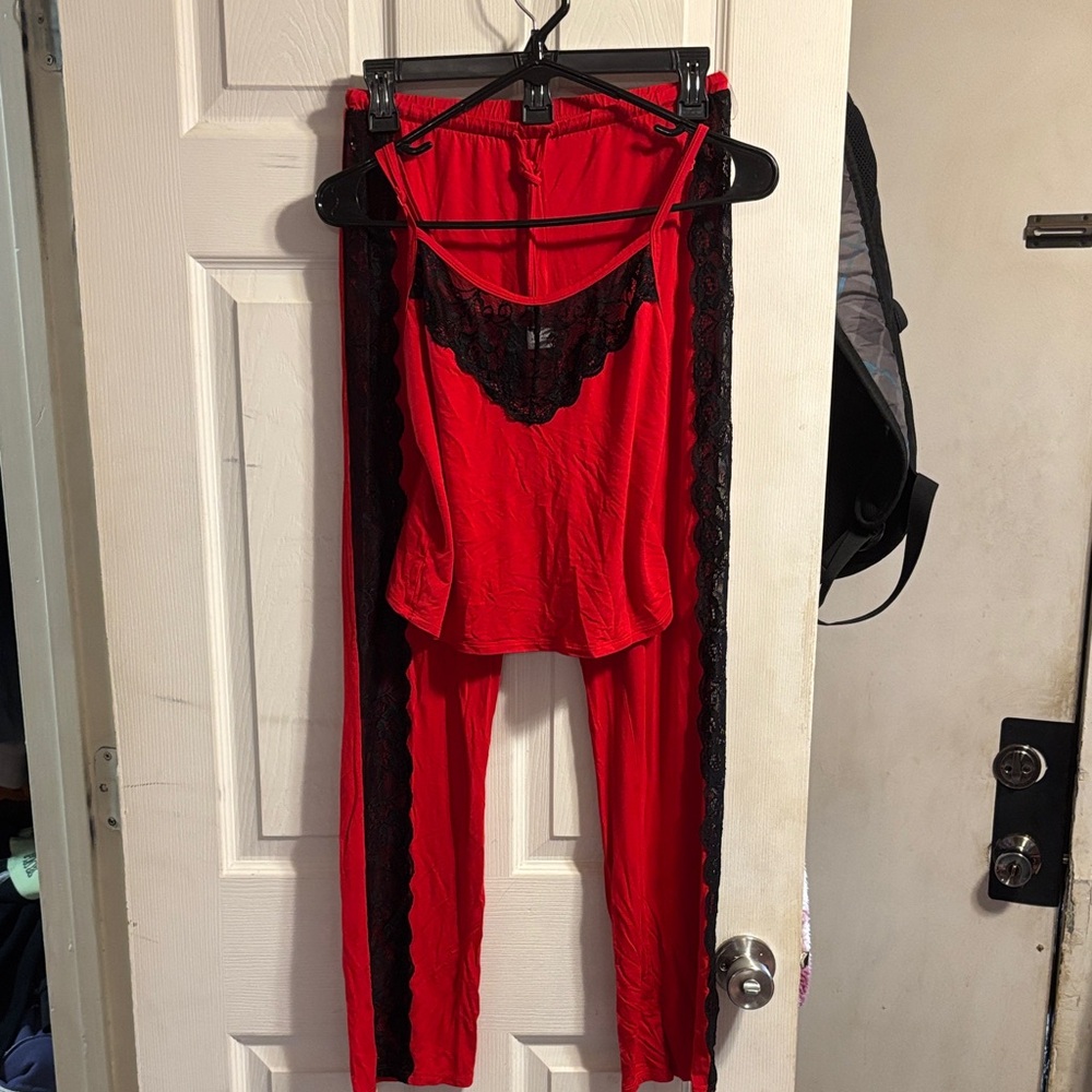 Dreamgirl Red and Black Lace Trim Pajama Set